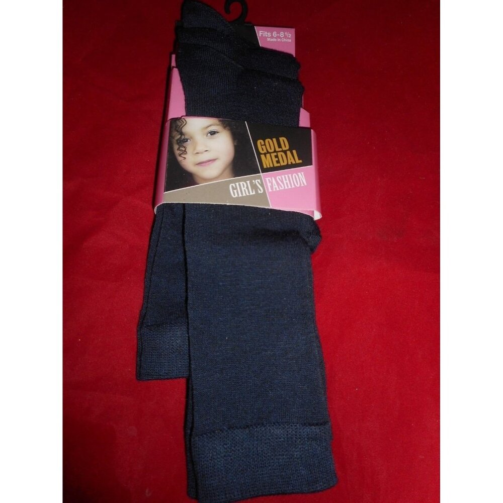 3 Pair Gold Medal Dark Navy Girl Women  School Uniform Knee High Socks 6-8 1/2